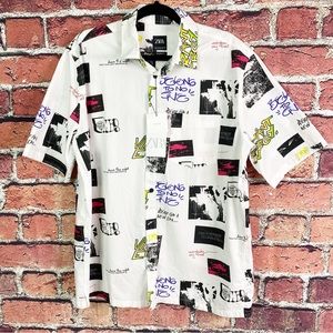 Zara White Graffiti Button Up Short Sleeve Shirt M NEW NWT